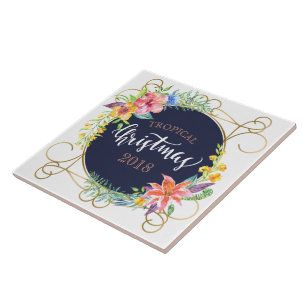 Tropical Christmas Typography & Flowers Frame Ceramic Tile