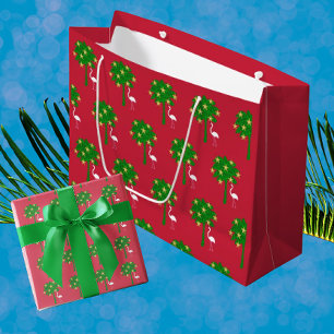 Tropical Christmas White Flamingo Palm Tree Large Gift Bag