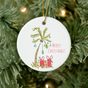 Tropical Christmas with Palm Tree Presents Coastal Ceramic Ornament