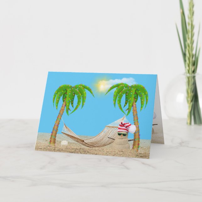 Tropical Christmas with sandman and hammock Holiday Card (Front)