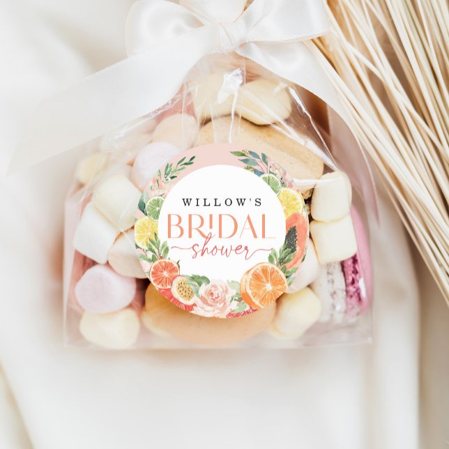 Tropical Citrus Bridal Shower Favour Classic Round Sticker (Creator Uploaded)