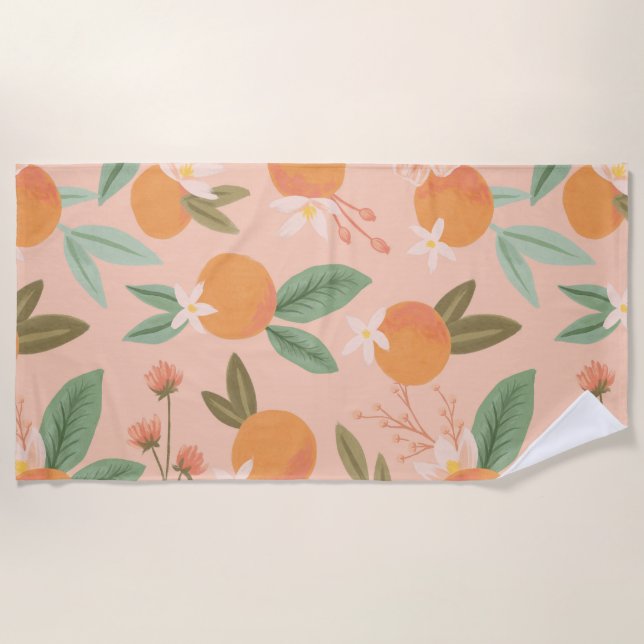Tropical Citrus Floral Pink Beach Towel (Front)