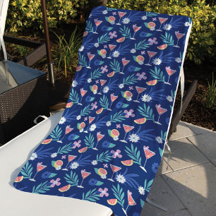Tropical Citrus Fruit Cocktail Hour Pattern Blue Beach Towel