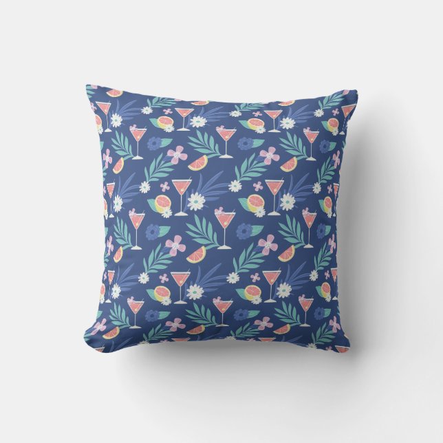 Tropical Citrus Fruit Cocktail Hour Pattern Blue Cushion (Front)