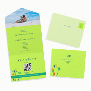 Tropical Citrus Green QR Photo Wedding All In One Invitation