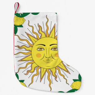 Tropical citrus lemon fruits with flowers frame an small christmas stocking