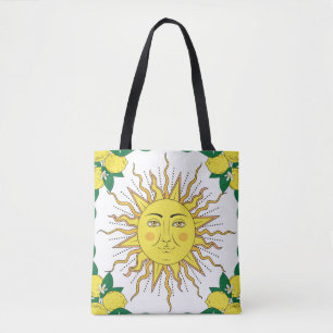 Tropical citrus lemon fruits with flowers frame an tote bag