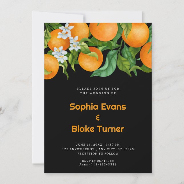 Tropical Citrus Oranges Botanical Orange Wedding Invitation (Front)
