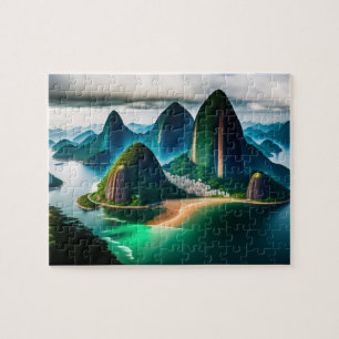 Tropical City Skyline With Beach and Mountains Jigsaw Puzzle