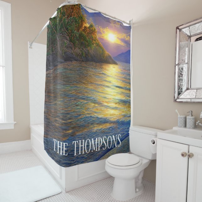 Tropical Clear Ocean Sunset Shower Curtain (In Situ)