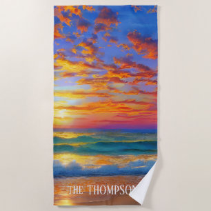 Tropical Clear Ocean Sunset with Personalised Name Beach Towel