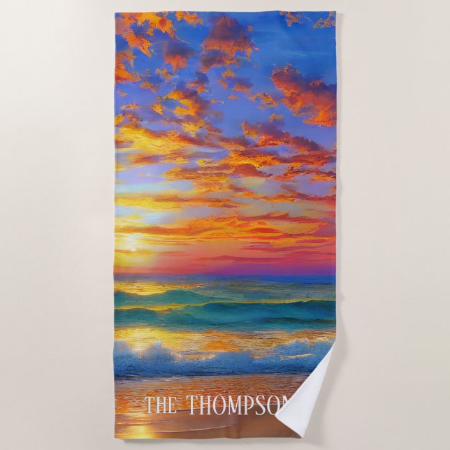 Tropical Clear Ocean Sunset with Personalised Name Beach Towel (Front)