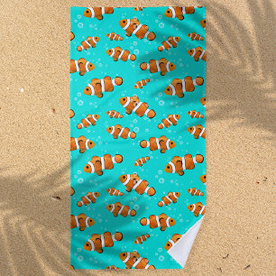 Tropical Clownfish & Bubbles Pattern Beach Towel
