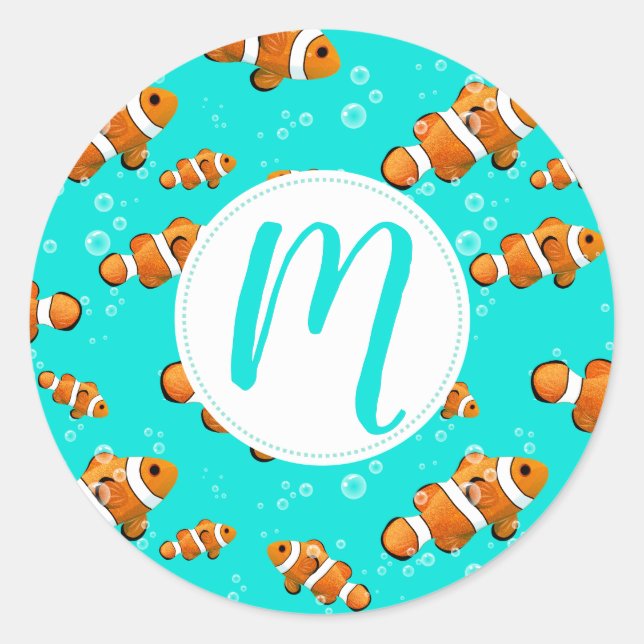 Tropical Clownfish & Bubbles Pattern Classic Round Sticker (Front)