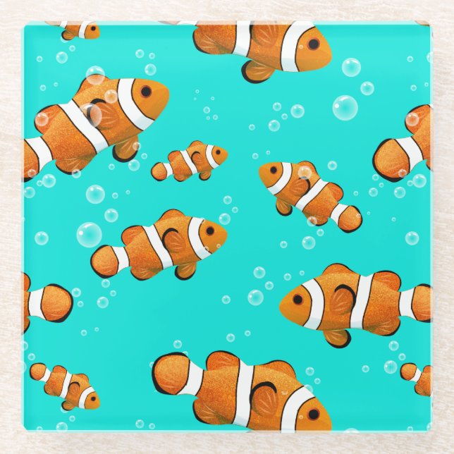 Tropical Clownfish & Bubbles Pattern Glass Coaster (Front)