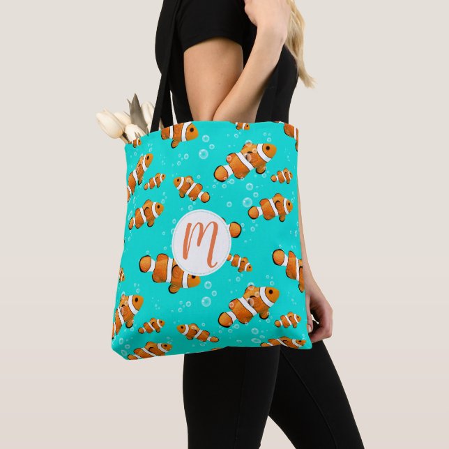 Tropical Clownfish & Bubbles Pattern Tote Bag (Close Up)