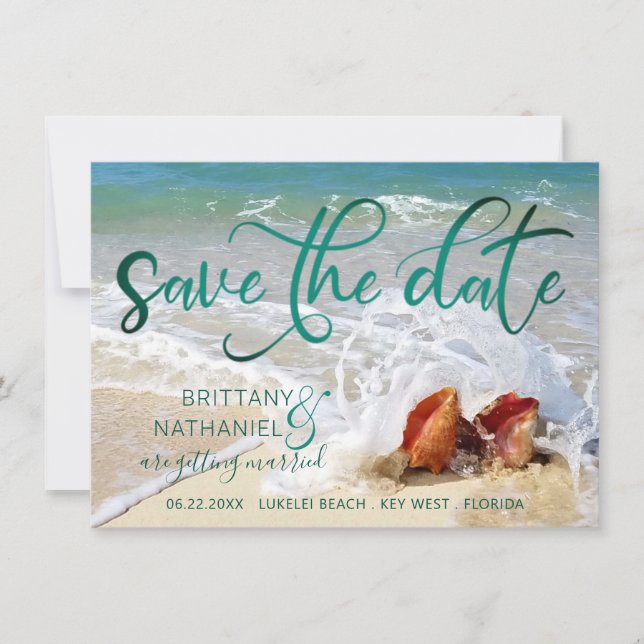 Tropical Coastal Beach Destination Wedding Shells Save The Date (Front)