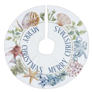 Tropical Coastal Beach Theme Merry Christmas Faux  Linen Tree Skirt