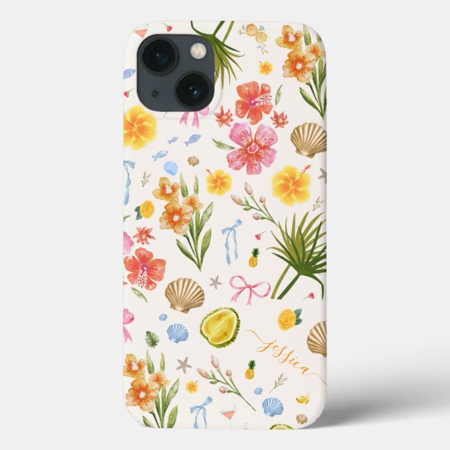 Tropical Coastal Hand Drawn Flowers & Shells Name Case-Mate iPhone Case (Back)