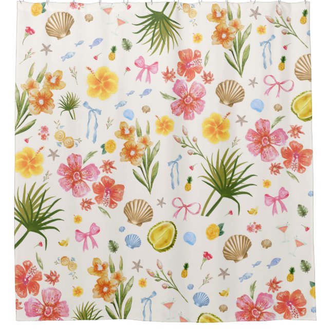 Tropical Coastal Hand Drawn Flowers & Shells Shower Curtain (Front)