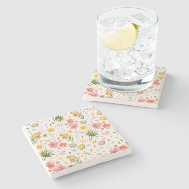 Tropical Coastal Hand Drawn Flowers & Shells Stone Coaster (Side)