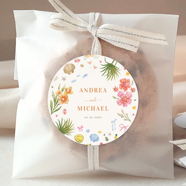 Tropical Coastal Hand Drawn Flowers Shells Wedding Classic Round Sticker (Creator Uploaded)