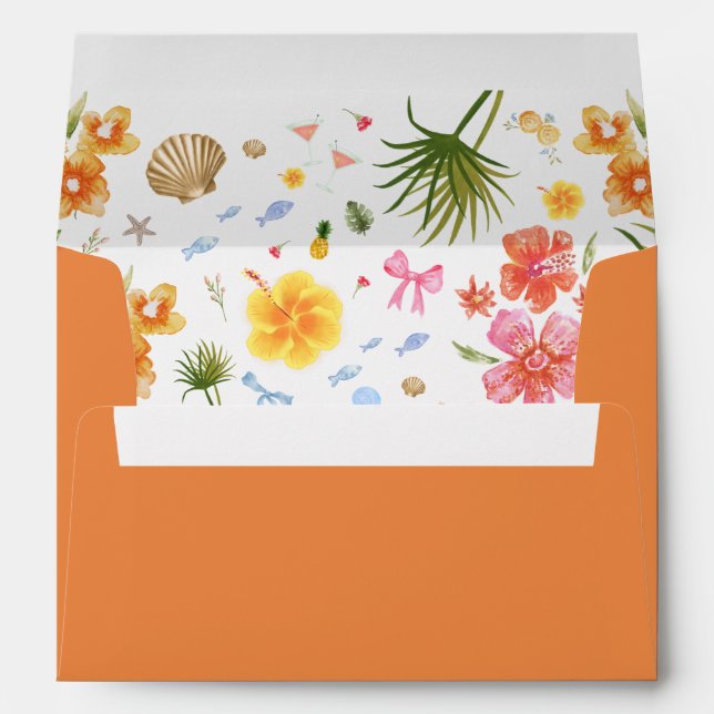 Tropical Coastal Hand Drawn Flowers Shells Wedding Envelope (Back (Bottom))