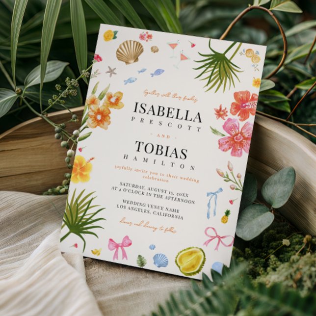 Tropical Coastal Hand Drawn Flowers Shells Wedding Invitation (Creator Uploaded)