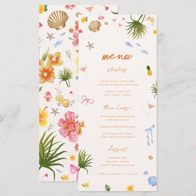 Tropical Coastal Hand Drawn Flowers Shells Wedding Menu (Front/Back)