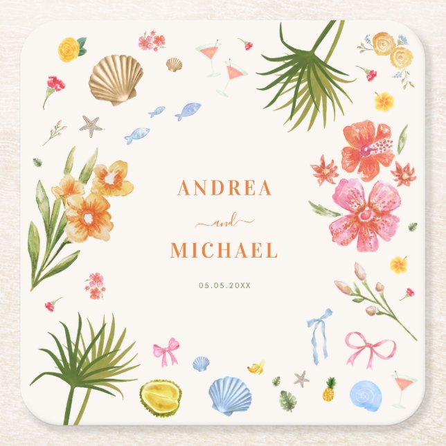Tropical Coastal Hand Drawn Flowers Shells Wedding Square Paper Coaster (Front)