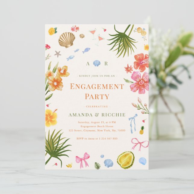 Tropical Coastal Hand Drawn Shell Engagement Party Invitation (Standing Front)