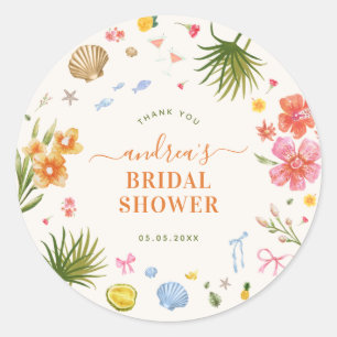 Tropical Coastal Hand Drawn Shells Bridal Shower Classic Round Sticker