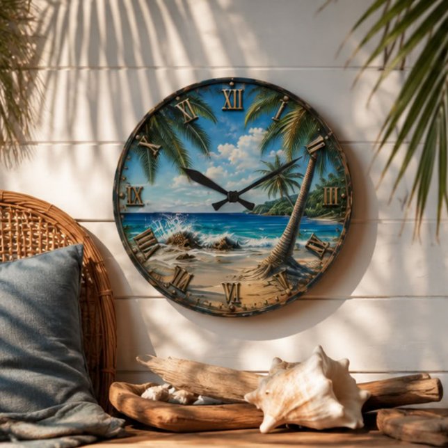 Tropical Coastal Ocean palm Tree Beach Large Clock (Creator Uploaded)