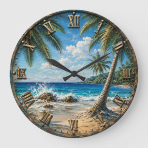 Tropical Coastal Ocean palm Tree Beach Large Clock