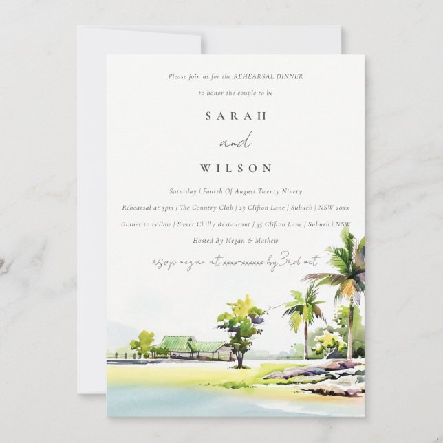 Tropical Coastal Palm Tree Rehearsal Dinner Invite (Front)