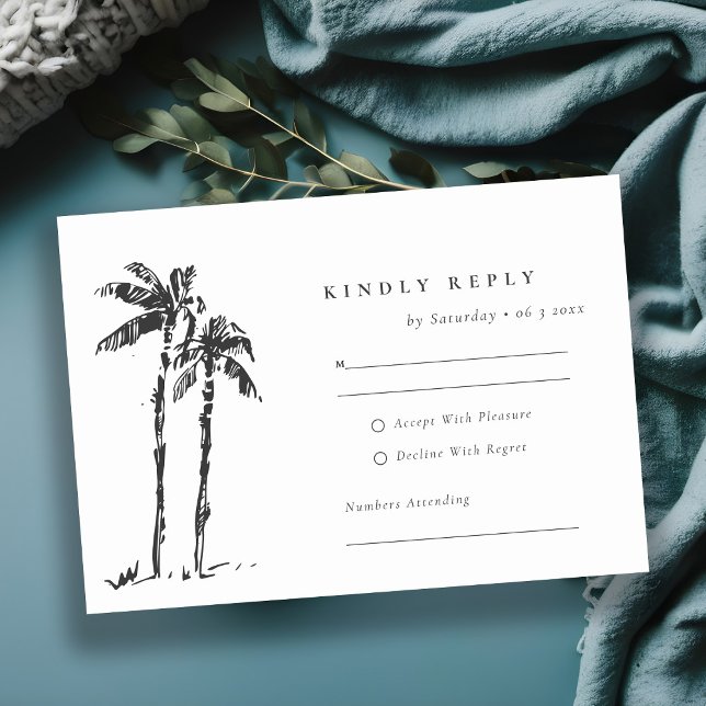 Tropical Coastal Palm Tree Sketch Wedding Details RSVP Card (Creator Uploaded)