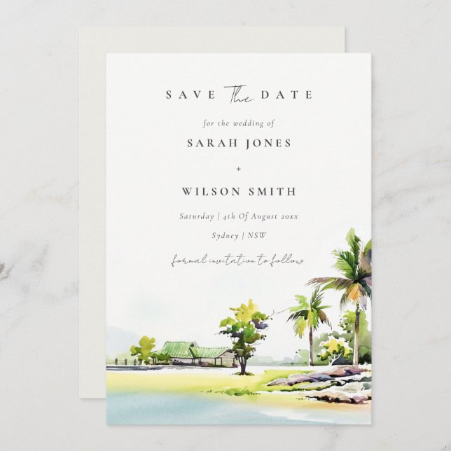 Tropical Coastal Palm Trees Save The Date Card (Front/Back)