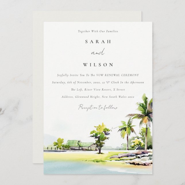 Tropical Coastal Palm Trees Vow Renewal Invite (Front/Back)