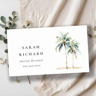 Tropical Coastal Palm Trees Watercolor Blue Green Business Card