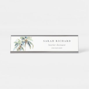 Tropical Coastal Palm Trees Watercolor Blue Green Desk Name Plate