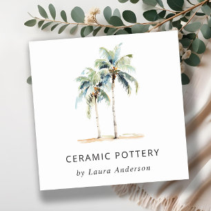 Tropical Coastal Palm Trees Watercolor Blue Green Square Business Card