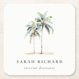 Tropical Coastal Palm Trees Watercolor Blue Green Square Paper Coaster