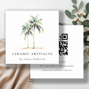 Tropical Coastal Palm Trees Watercolor QR Code Square Business Card