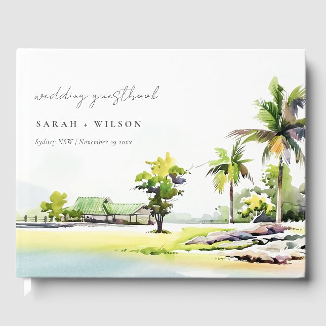 Tropical Coastal Palm Trees Watercolor Wedding Guest Book (Front)