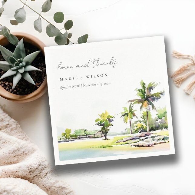 Tropical Coastal Palm Trees Watercolor Wedding Napkin (Creator Uploaded)