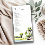 Tropical Coastal Palm Trees Wedding Menu Card<br><div class="desc">Tropical Coastal Palm Trees Watercolor Theme Collection.- it's an elegant script watercolor Illustration of coastal paradise, beach palm trees, cottage- lively green in colour, with the backdrop of dusky blue mountain range. Perfect for your Coastal Hawaiian & Mexican destination wedding & parties. It’s very easy to customise, with your personal...</div>