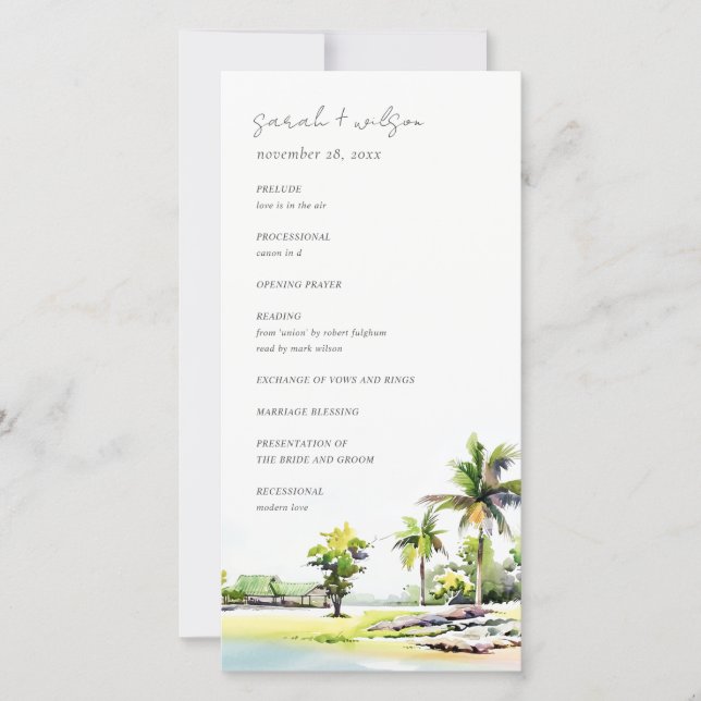 Tropical Coastal Palm Trees Wedding Program Card (Front)