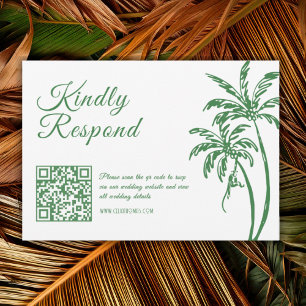 Tropical Coastal Retro Beach Green Wedding QR Code RSVP Card
