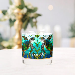 Tropical Coastal Sea Turtle Teal Blue Green  Whiskey Glass