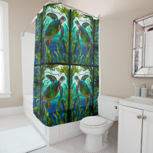 Tropical Coastal Sea Turtle Teal Stained Glass Shower Curtain